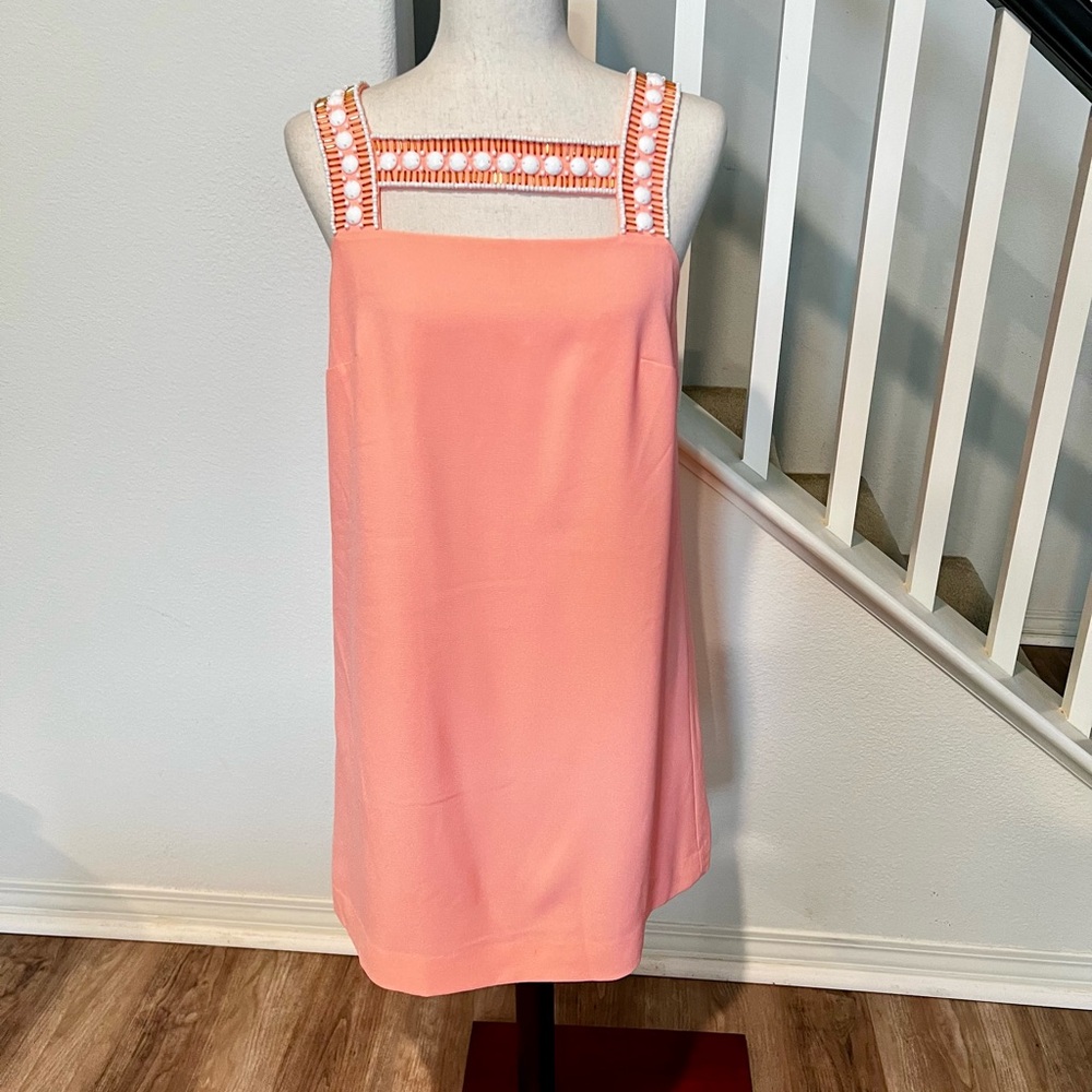 Lily Pulitzer mason shift dress vibrant coral with white beading at neckline 4